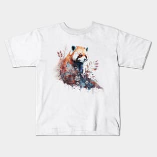 Watercolor Red Panda in Nature, Floral Design Kids T-Shirt